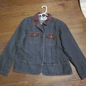 Vtg Keren Hart Denim Chore Coat LG brown canvas trim collar pockets